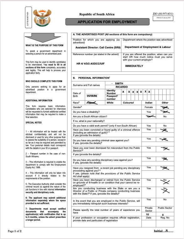 Completed Z83 Form - Page 1