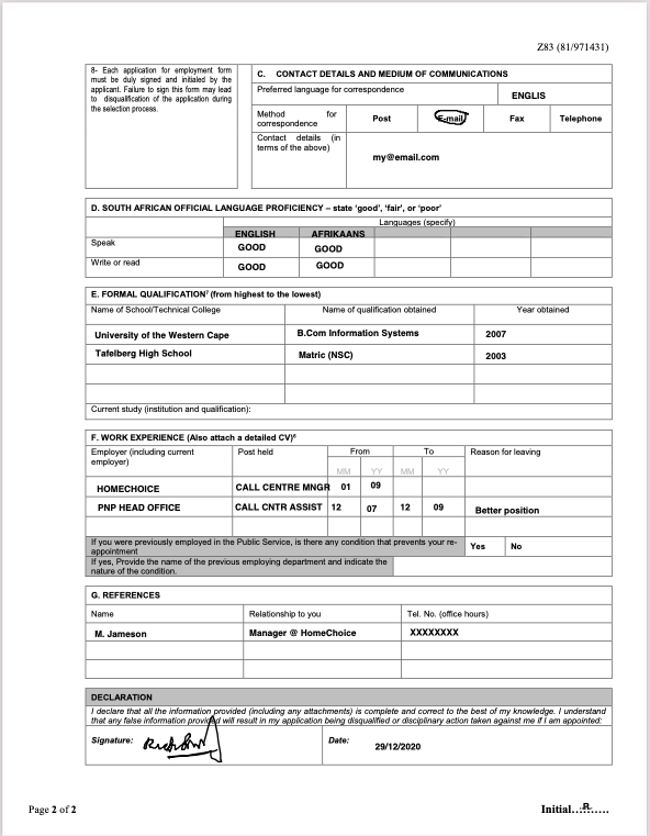 Completed Z83 Form - Page 2